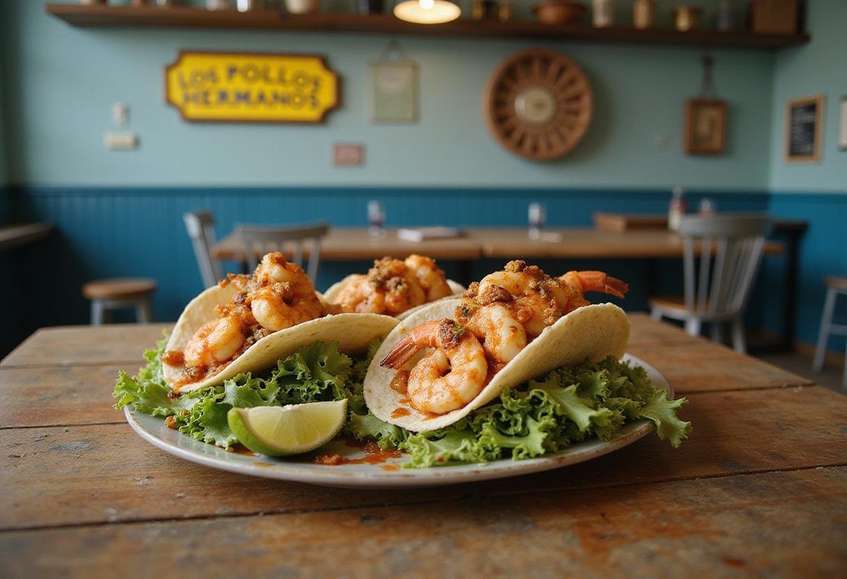 A realistic scene showing Gus Fring's Fring-tangy Shrimp Tacos on a wooden table with fresh ingredients and a Los Pollos Hermanos sign in the background, representing the Breaking Bad TV show setting.