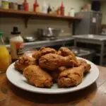Photorealistic image of crispy fried chicken from Los Pollos Hermanos served on a plate, set within a Breaking Bad-inspired fast-food restaurant setting, with kitchen equipment and a warm-colored background.
