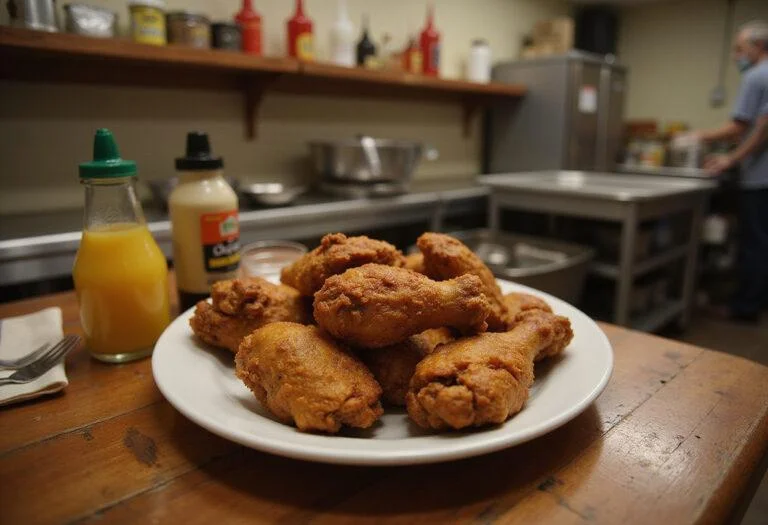 Photorealistic image of crispy fried chicken from Los Pollos Hermanos served on a plate, set within a Breaking Bad-inspired fast-food restaurant setting, with kitchen equipment and a warm-colored background.