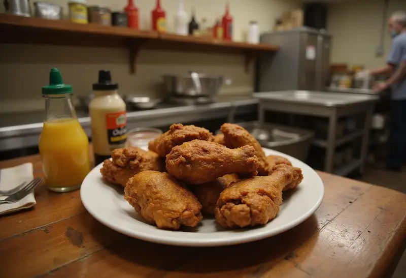 Photorealistic image of crispy fried chicken from Los Pollos Hermanos served on a plate, set within a Breaking Bad-inspired fast-food restaurant setting, with kitchen equipment and a warm-colored background.