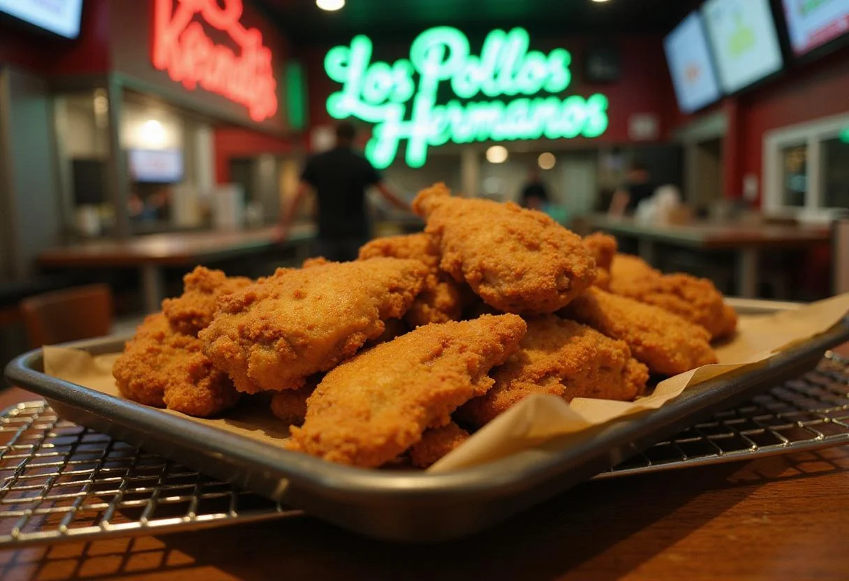 Realistic shot of fried chicken on a wire rack with the neon Los Pollos Hermanos sign in the background, evoking a busy fast-food environment from Breaking Bad.