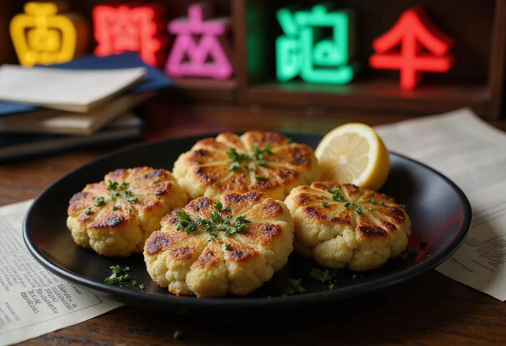 Close-up of Saul Goodman's Better Call Cauliflower Steaks plated elegantly with herbs and lemon, in a Breaking Bad-inspired scene featuring neon lights and legal documents for a vegetarian TV food presentation.