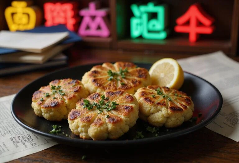 Close-up of Saul Goodman's Better Call Cauliflower Steaks plated elegantly with herbs and lemon, in a Breaking Bad-inspired scene featuring neon lights and legal documents for a vegetarian TV food presentation.
