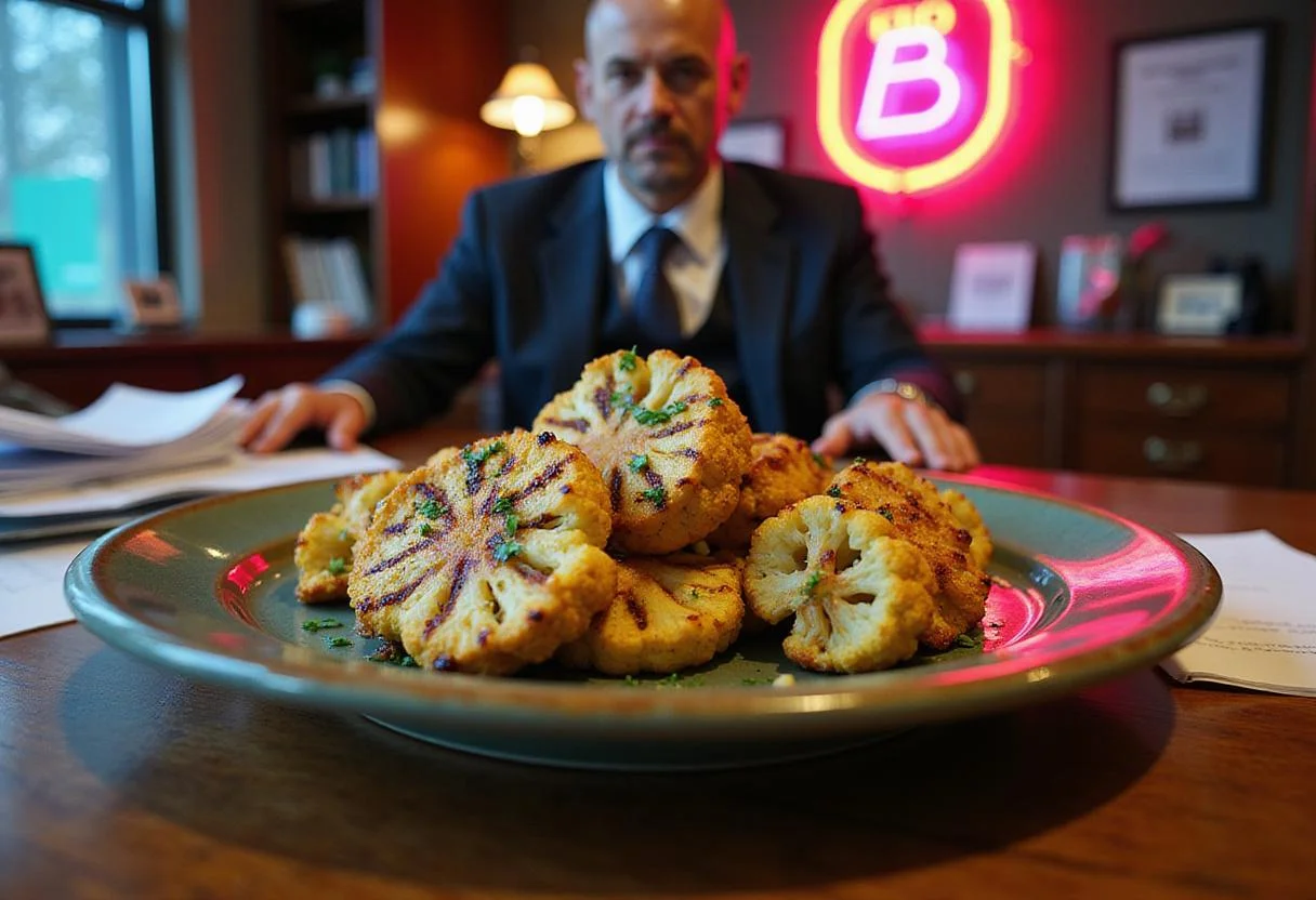 Realistic depiction of grilled cauliflower steaks with herbs on a plate, set in Saul Goodman's office with neon signs and legal documents, showcasing a vegetarian dish inspired by Breaking Bad.