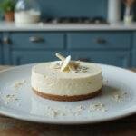 A realistic scene of Skyler's White Lie White Chocolate Cheesecake plated and garnished with edible silver leaf and white chocolate curls, set on a rustic wooden table in a Breaking Bad inspired kitchen with blue accents and chemical glassware in the background.
