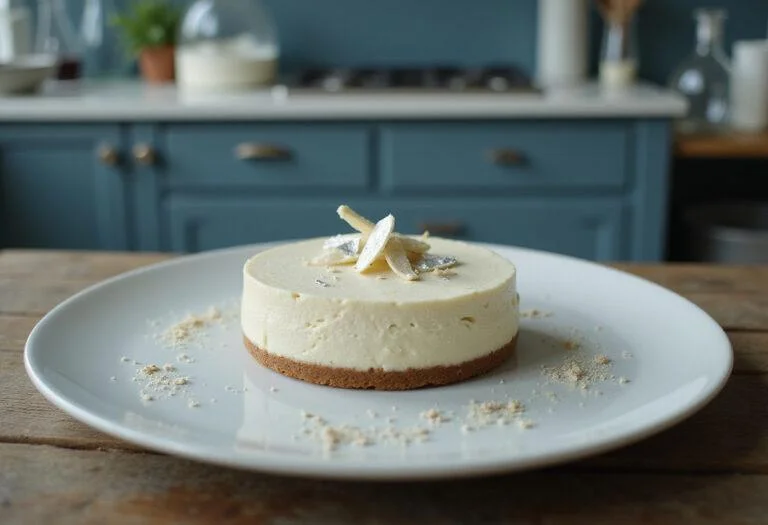 A realistic scene of Skyler's White Lie White Chocolate Cheesecake plated and garnished with edible silver leaf and white chocolate curls, set on a rustic wooden table in a Breaking Bad inspired kitchen with blue accents and chemical glassware in the background.