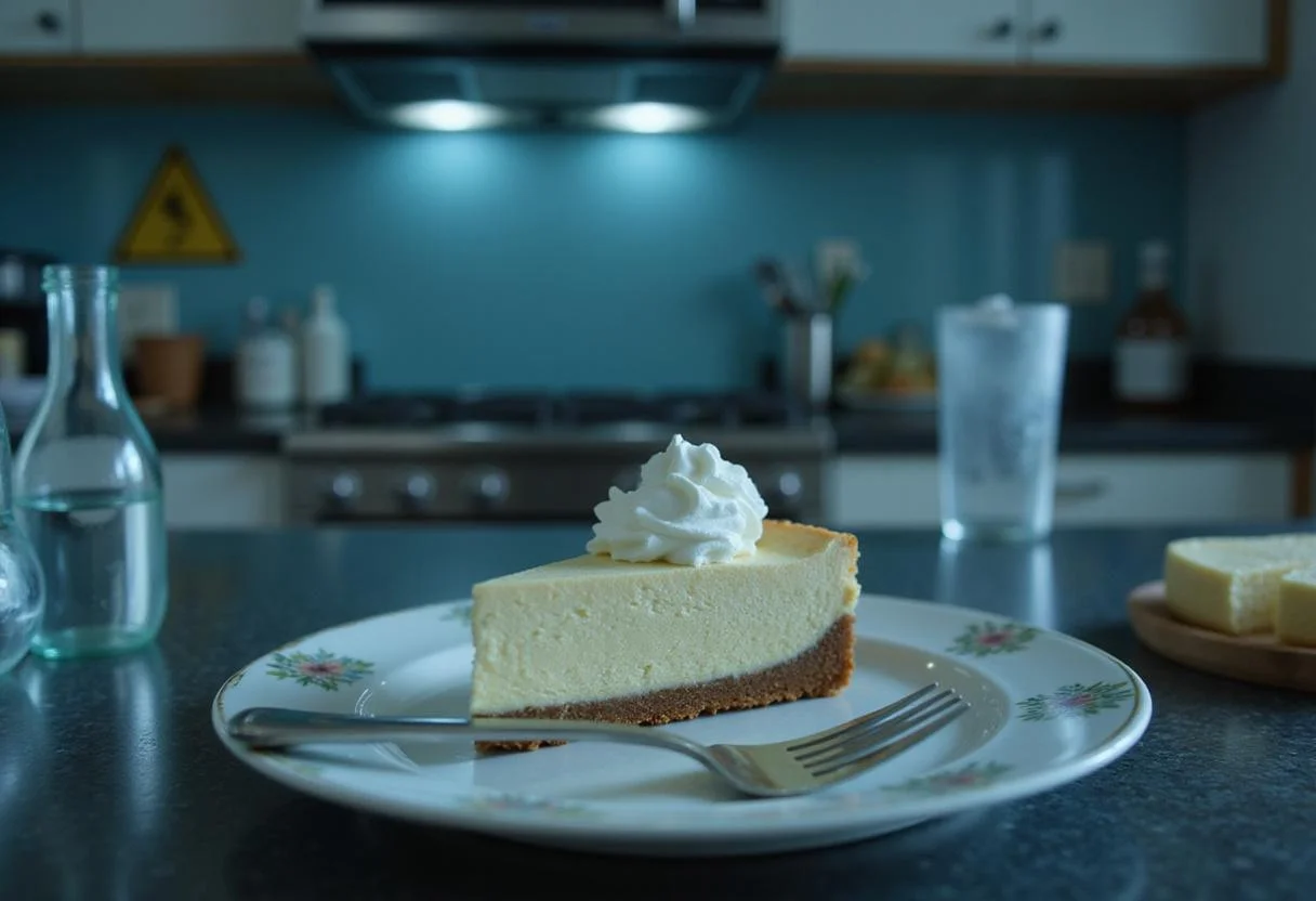 Skyler White's white chocolate cheesecake presented on a plate in a kitchen with Breaking Bad inspired blue lighting, chemical glassware, and thematic details, creating an immersive scene of a TV show setting with the dessert as the focus.