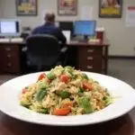 Close-up of Amy Santiago's organized orzo salad plated neatly, featuring pasta, herbs, and vegetables, set on a desk inside the Brooklyn Nine-Nine precinct with office supplies and posters in the background.