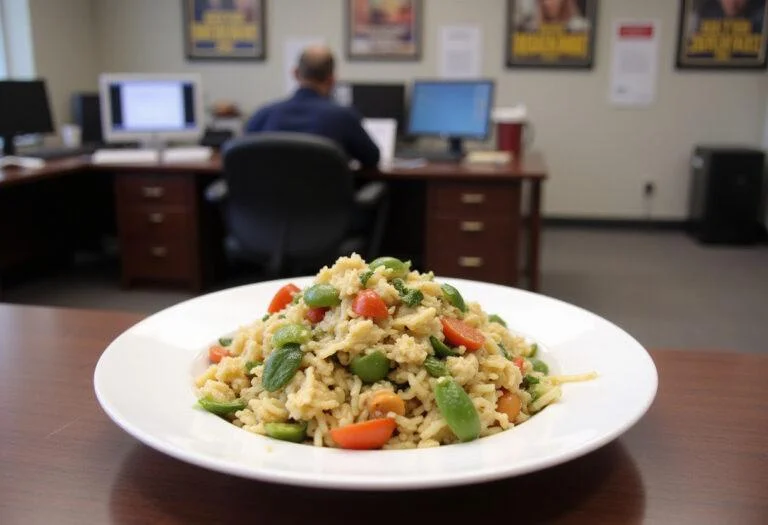 Close-up of Amy Santiago's organized orzo salad plated neatly, featuring pasta, herbs, and vegetables, set on a desk inside the Brooklyn Nine-Nine precinct with office supplies and posters in the background.