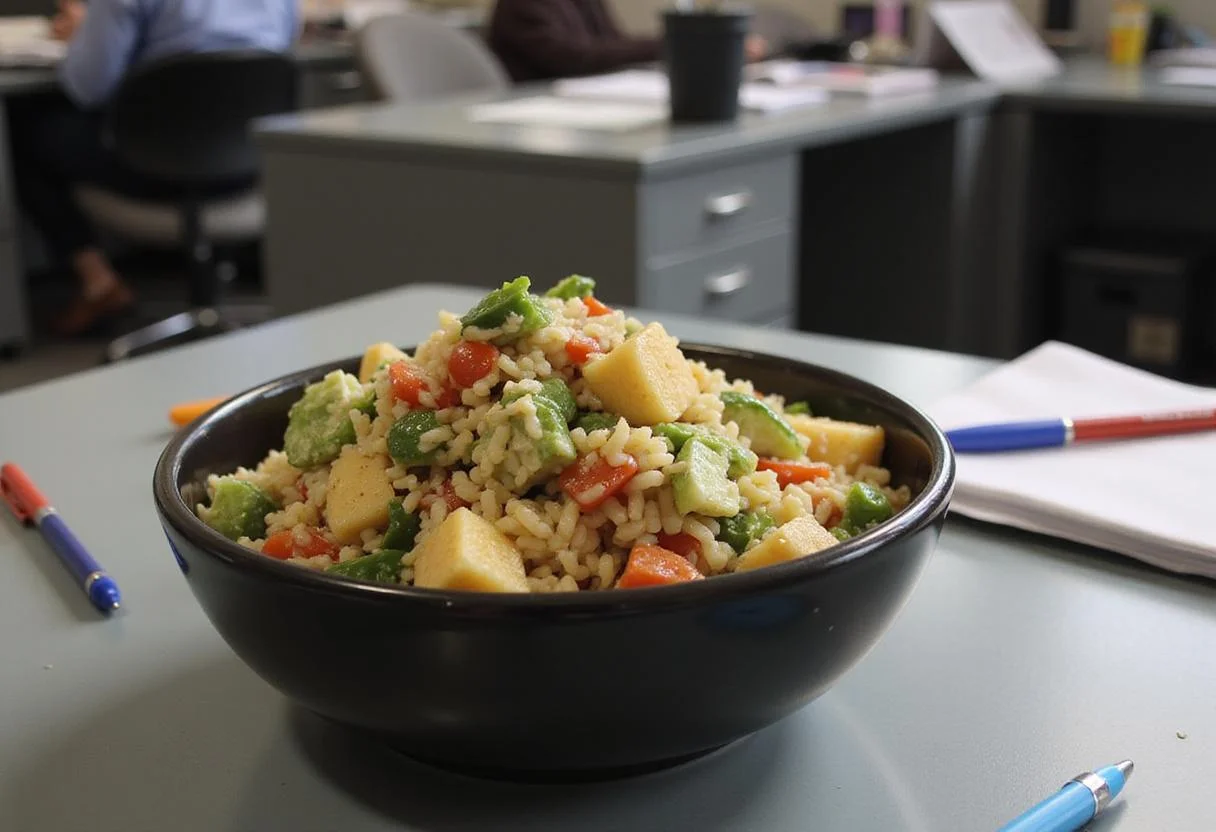 Scene of Amy Santiago's organized orzo salad in a bowl on an office desk at Brooklyn Nine-Nine, with fresh vegetables visible, and the police station environment in the background.