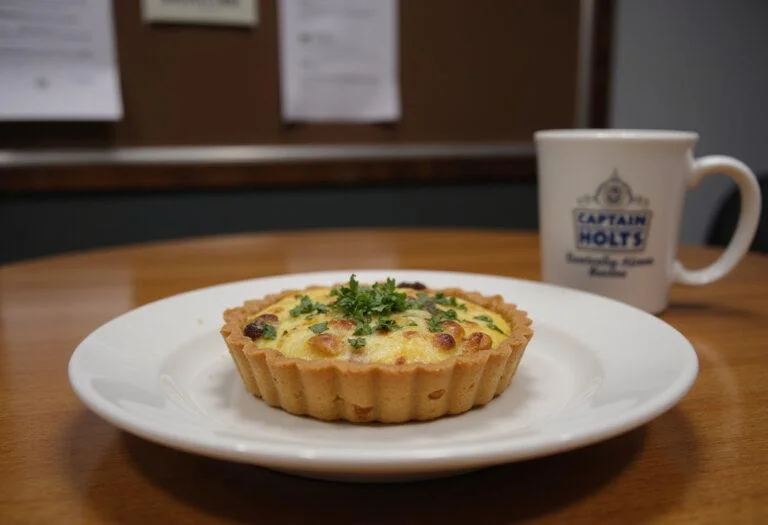 A realistic scene of Captain Holt's Classic Quiche on a plate in the Brooklyn Nine-Nine precinct kitchen. The quiche has a crispy crust and creamy filling, garnished with herbs, with police station elements and Brooklyn Nine-Nine-themed objects in the background.