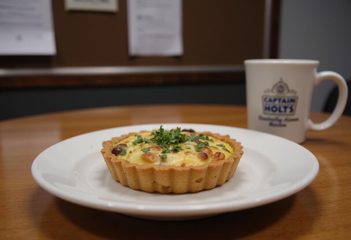 A realistic scene of Captain Holt's Classic Quiche on a plate in the Brooklyn Nine-Nine precinct kitchen. The quiche has a crispy crust and creamy filling, garnished with herbs, with police station elements and Brooklyn Nine-Nine-themed objects in the background.