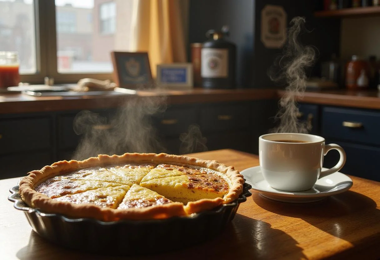 An immersive scene of Captain Holt's Classic Quiche fresh out of the oven, sitting on a counter in the Brooklyn Nine-Nine police station, with morning sunlight and police-related props around, emphasizing a cozy breakfast moment in the show’s setting.
