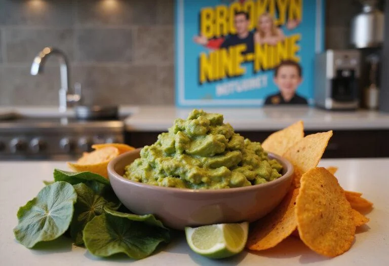Realistic image of Gina Linetti's Glitterati Guacamole in a decorative bowl on a Brooklyn Nine-Nine-themed kitchen countertop with chips nearby and a playful poster in the background, showcasing a lively TV show snack setting.