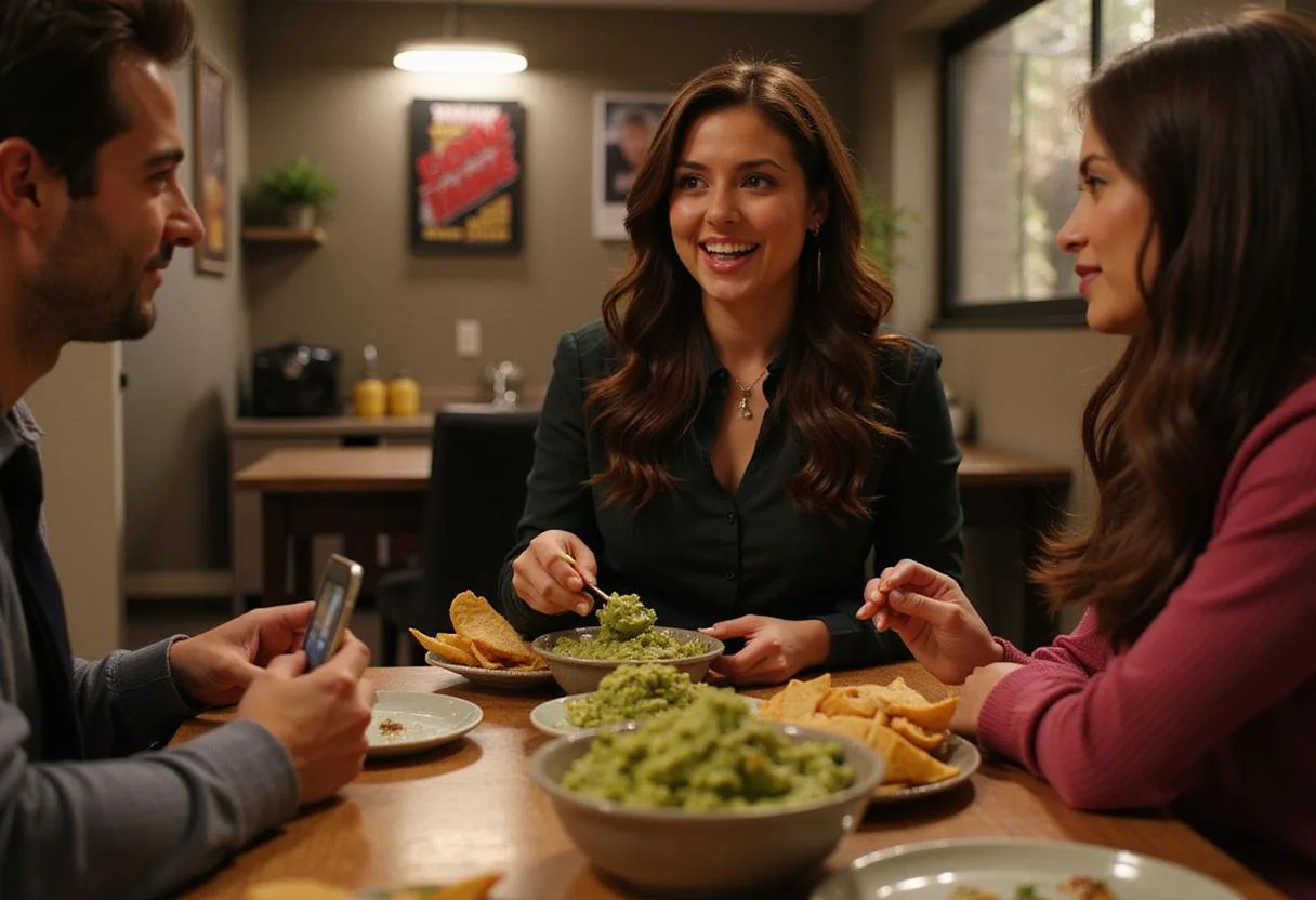 Lively Brooklyn Nine-Nine kitchen scene with Gina Linetti sharing glittery guacamole at the table, decorated with show-themed posters and bright, cheerful lighting, creating a fun and casual TV show moment.
