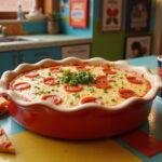 A realistic image of Jake Peralta's pizza dip served in a large bowl, topped with cheese, pepperoni, and herbs, set in a Brooklyn Nine-Nine themed kitchen with posters and bright decor, conveying a fun, TV show-inspired scene.