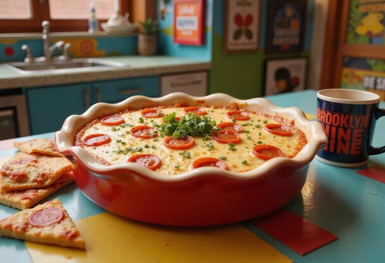 A realistic image of Jake Peralta's pizza dip served in a large bowl, topped with cheese, pepperoni, and herbs, set in a Brooklyn Nine-Nine themed kitchen with posters and bright decor, conveying a fun, TV show-inspired scene.
