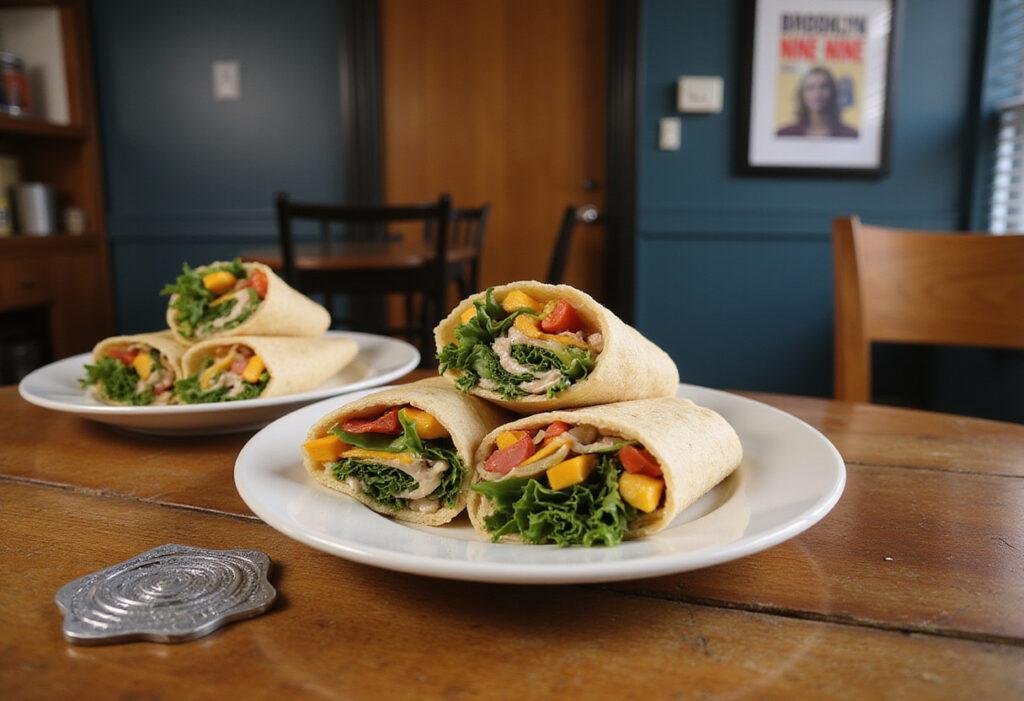 Close-up of The Vulture's Victory Veggie Wraps sliced on a counter in Brooklyn Nine-Nine precinct kitchen, displaying fresh vegetables and greens inside. The background features a Brooklyn Nine-Nine poster and badge coaster, emphasizing the show's identity and a casual lunch atmosphere.