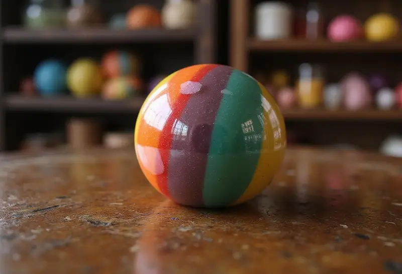Close-up of the edible Everlasting Gobstopper Candy from Charlie and the Chocolate Factory, showcasing its vibrant colors and glossy surface, set against a backdrop of Willy Wonka's whimsical chocolate factory environment with colorful candies and metallic shelves.