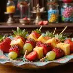 Realistic image of Willy Wonka's whimsical fruit skewers arranged on a colorful ceramic plate, with fresh fruit slices and playful chocolate sprinkles. The scene is set inside the whimsical candy factory from Charlie and the Chocolate Factory, with candy jars and a fantastical store background.