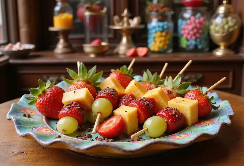 Realistic image of Willy Wonka's whimsical fruit skewers arranged on a colorful ceramic plate, with fresh fruit slices and playful chocolate sprinkles. The scene is set inside the whimsical candy factory from Charlie and the Chocolate Factory, with candy jars and a fantastical store background.
