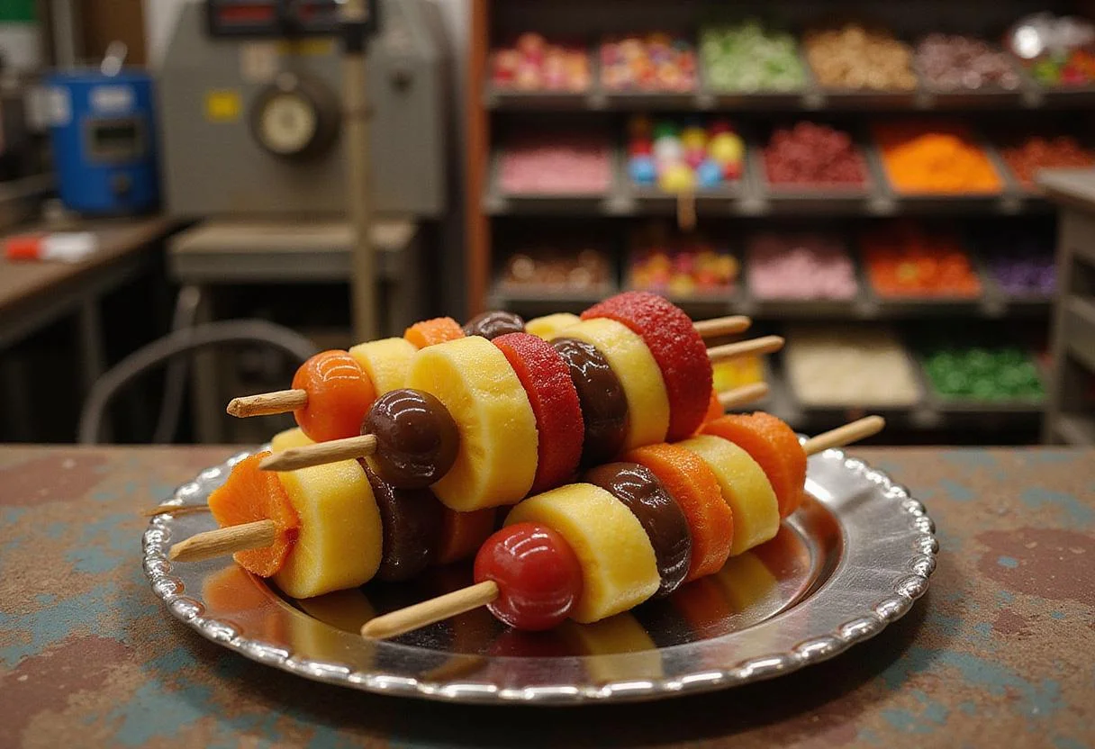Realistic scene of Willy Wonka's whimsical fruit skewers on a shiny tray inside the candy factory, with colorful factory shelves and machinery in the background, showcasing the magical environment of Charlie and the Chocolate Factory.