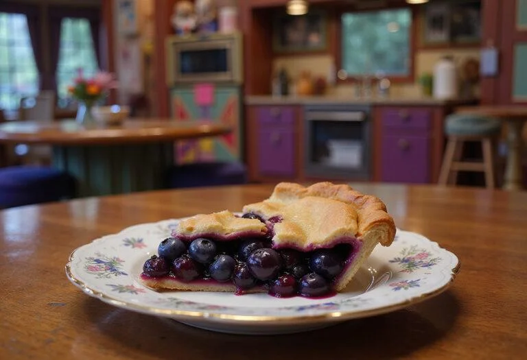 Close-up of Violet Beauregarde's Blueberry Pie displayed on a decorated candy factory kitchen table, showcasing the bright blueberry filling with a shiny glaze, surrounded by colorful candy jars and Willy Wonka-themed decorations, creating an immersive scene inspired by the chocolate factory from the film.