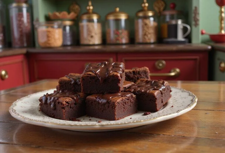 A realistic scene of delicious Wonka Bar brownies on a plate, styled within a colorful and whimsical candy factory kitchen inspired by Charlie and the Chocolate Factory, with bright decorations and candy jars around.