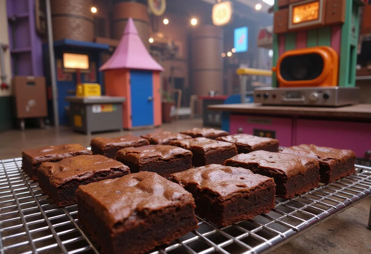 An immersive scene of warm, freshly baked Wonka Bar brownies resting on a wire rack in Willy Wonka’s colorful factory, with vibrant machinery and candy decorations in the background, capturing the magical factory environment.