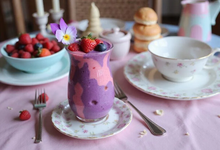 A beautifully presented Cinderella Bibbidi-Bobbidi-Boo Berry Smoothie in a tall glass with colorful berries and edible flowers, displayed on a Disney-themed breakfast table with fairy-tale decorations, capturing a healthy and magical drink inspired by Disney.