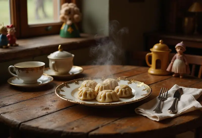 Close-up of beautifully plated Cinderella Dreadful Dumplings on a vintage dish, presented in a charming Disney-inspired kitchen scene with cozy, storybook touches and warm lighting, highlighting the exaggeratedly scary yet humorous nature of the dish.