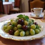 Close-up of the Cinderella Grand Duke's Gilded Grape Salad on an ornate plate with gold trim, showcasing glossy grapes, fresh mint leaves, and shimmering edible gold against a backdrop of an elegant, fairy-tale-themed dining setting with luxurious fabrics and warm lighting.