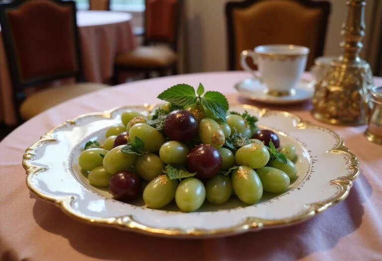 Close-up of the Cinderella Grand Duke's Gilded Grape Salad on an ornate plate with gold trim, showcasing glossy grapes, fresh mint leaves, and shimmering edible gold against a backdrop of an elegant, fairy-tale-themed dining setting with luxurious fabrics and warm lighting.