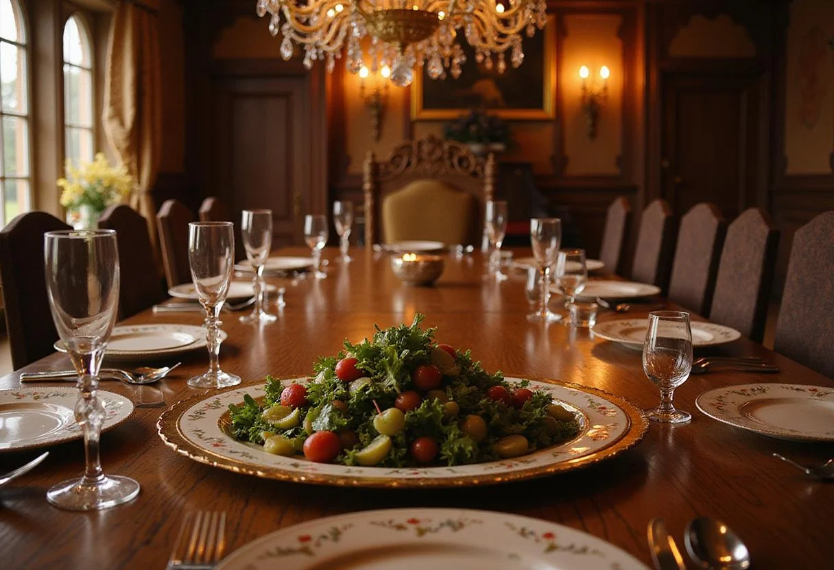 A majestic castle dining hall with a large table holding the Cinderella Grand Duke's Gilded Grape Salad on a decorative platter, bathed in candlelight and surrounded by elegant tapestries and chandeliers, creating a regal and enchanting atmosphere.