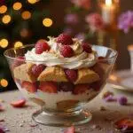 A realistic image of the Cinderella Midnight Transformation Trifle, featuring colorful layers of cake, custard, and fruit in a tall glass bowl, set on a decorated table with fairy lights and fairy tale-themed decor, capturing a magical fairytale dessert scene.