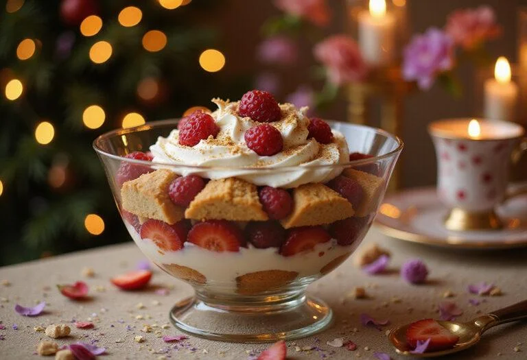A realistic image of the Cinderella Midnight Transformation Trifle, featuring colorful layers of cake, custard, and fruit in a tall glass bowl, set on a decorated table with fairy lights and fairy tale-themed decor, capturing a magical fairytale dessert scene.