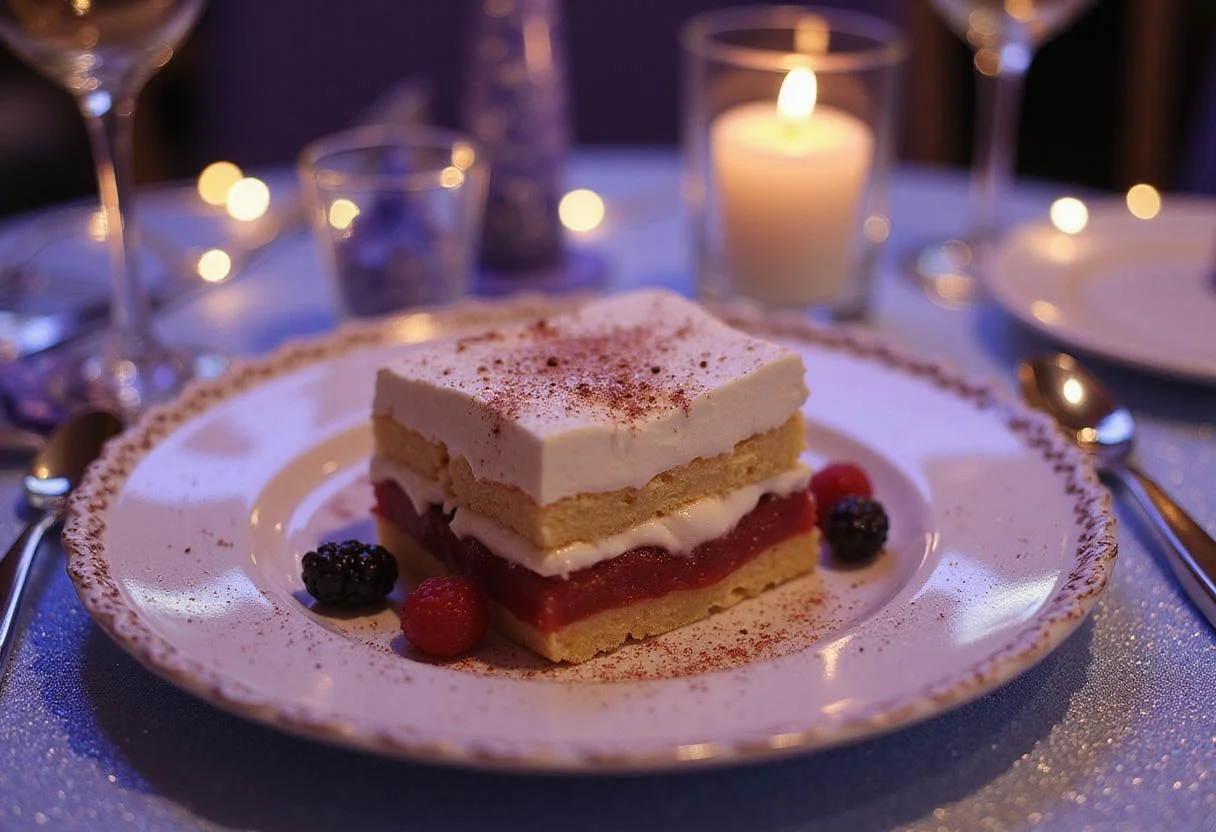 A detailed scene of the Cinderella Midnight Transformation Trifle displayed on an ornate table with fairy lights and fairy tale decorations, emphasizing the layered dessert with glittering accents, evoking a magical royal celebration setting.