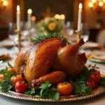 A realistic image of Prince Charming's Royal Roasted Chicken presented in an opulent castle dining room, the chicken perfectly cooked and garnished, surrounded by fine china, crystal glasses, and shimmering decorations fitting a royal feast scene from Cinderella.