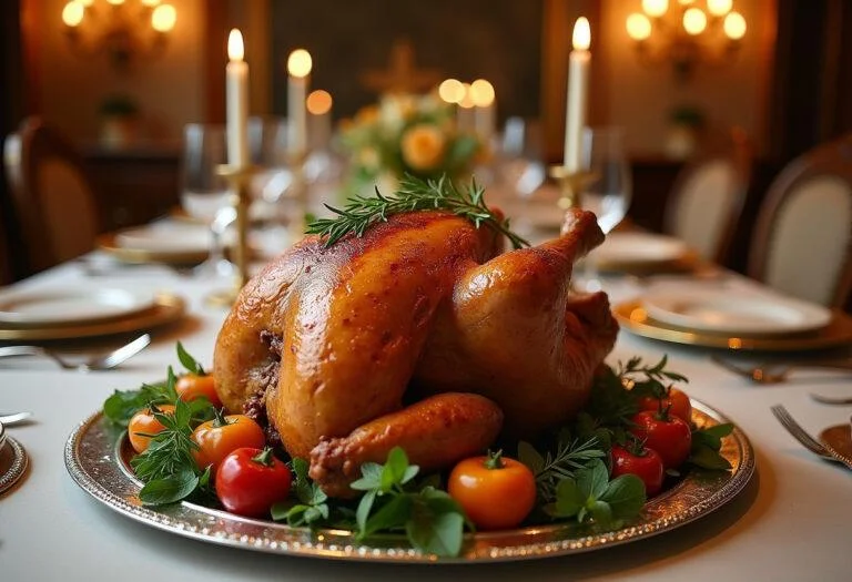 A realistic image of Prince Charming's Royal Roasted Chicken presented in an opulent castle dining room, the chicken perfectly cooked and garnished, surrounded by fine china, crystal glasses, and shimmering decorations fitting a royal feast scene from Cinderella.