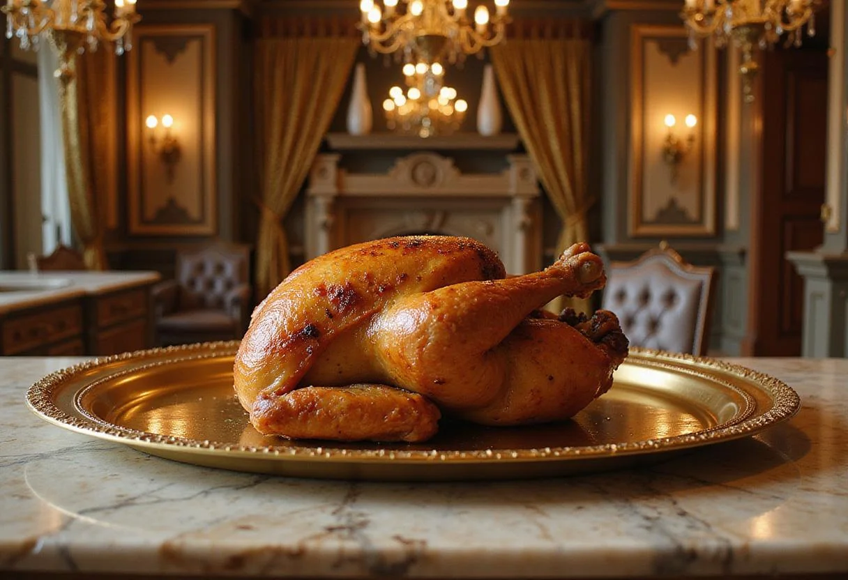 An immersive scene of Prince Charming's Royal Roasted Chicken ready for serving in Cinderella’s royal kitchen, with ornate decor, rich fabrics, and a regal atmosphere, capturing the moment just before a royal feast in the fairy tale setting.