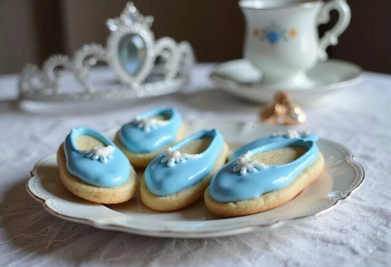 Realistic image of Cinderella's Glass Slipper Sugar Cookies decorated with shimmering icing, displayed on a porcelain plate on a lace tablecloth, with a fairy-tale inspired setting including a tiny glass slipper and sparkling accessories reminiscent of Disney's Cinderella.