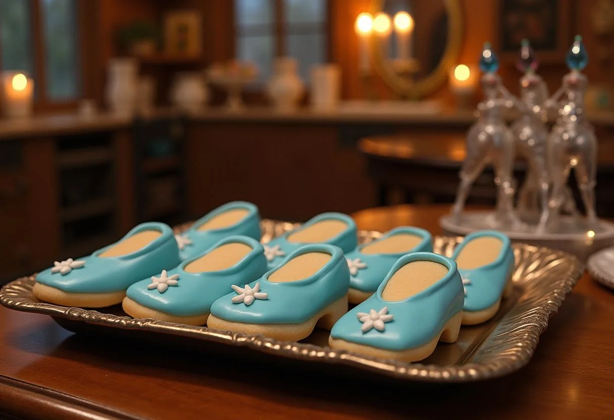 Immersive scene of cookies shaped like glass slippers, displayed on a tray in a fairy-tale castle kitchen, with magical lighting and decorative elements that evoke the enchanted world of Disney's Cinderella.