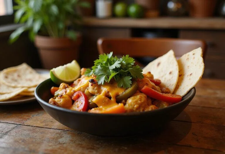 A deliciously seasoned fajita bowl filled with grilled chicken, colorful peppers, cheese, and herbs, presented on a rustic wooden table in a warm kitchen setting inspired by the movie 'Desperado' with bright, lively decor.