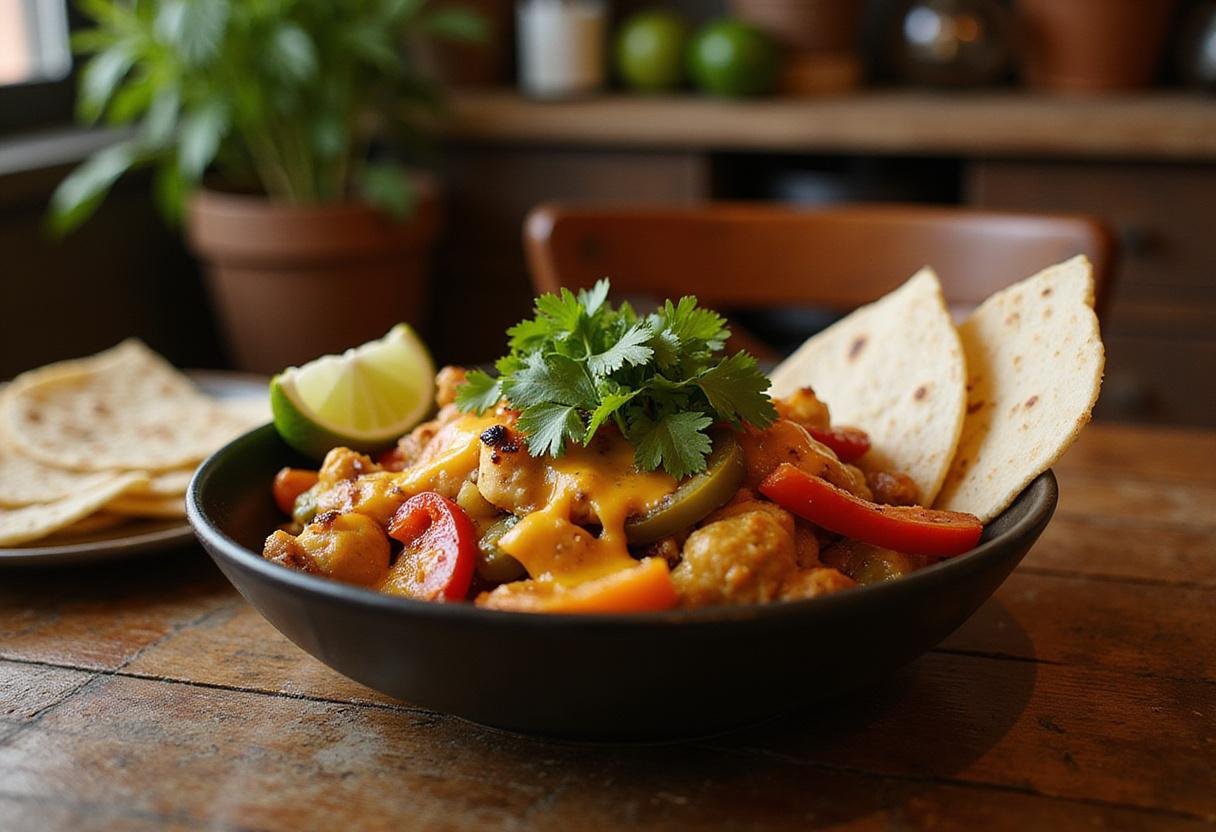 A deliciously seasoned fajita bowl filled with grilled chicken, colorful peppers, cheese, and herbs, presented on a rustic wooden table in a warm kitchen setting inspired by the movie 'Desperado' with bright, lively decor.