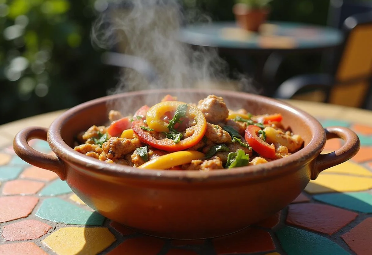 Close-up of a spicy fajita bowl with grilled chicken, peppers, and cheese on a colorful outdoor table, inspired by Salma Hayek in 'Desperado,' with warm sunlight highlighting the vivid colors and lively atmosphere of the scene.