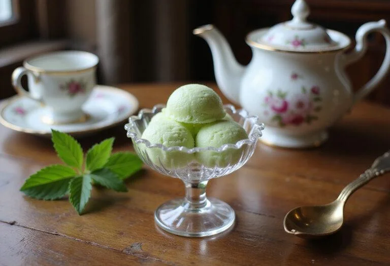 A close-up of Violet, the Dowager Countess, enjoying a scoop of her homemade Verveine sorbet served in an elegant vintage bowl inside the grand drawing room, with period-appropriate furnishings and soft daylight streaming through tall windows, emphasizing the refined atmosphere of Downton Abbey.