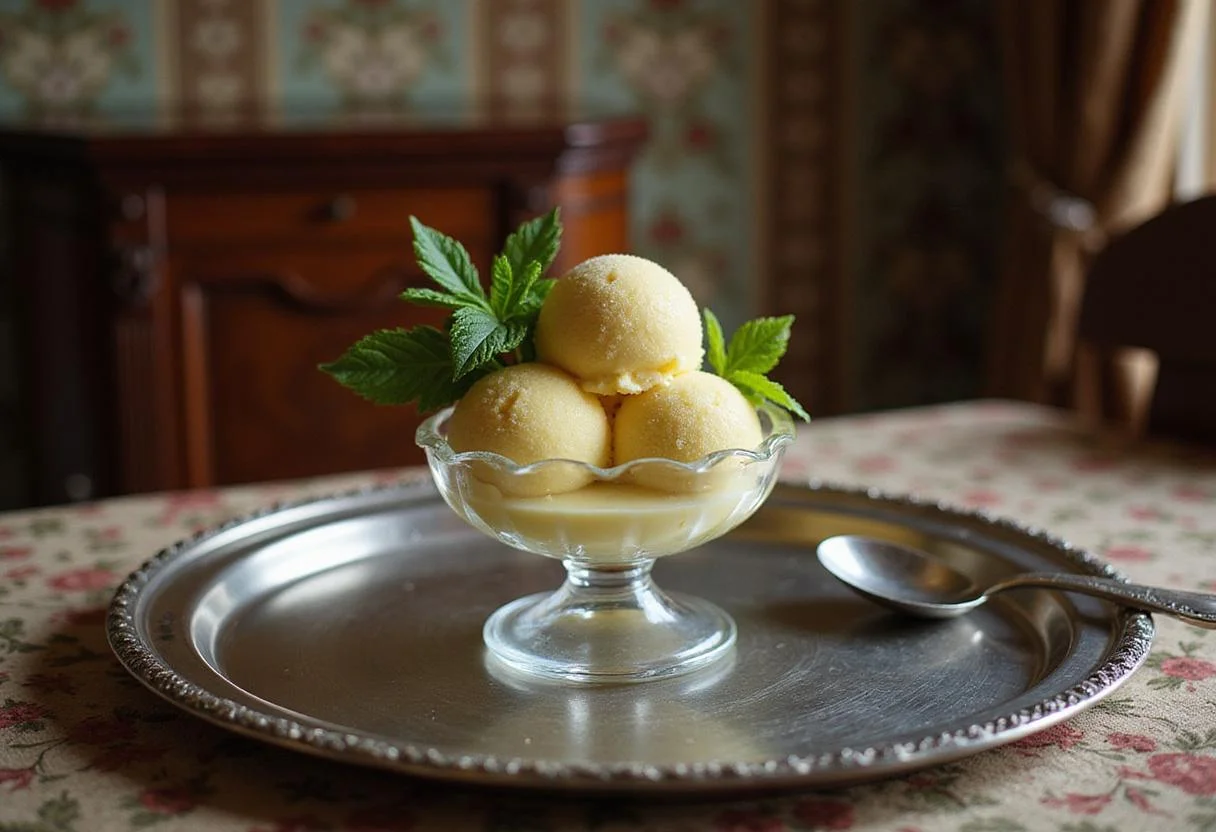 Violet, the Dowager Countess, sitting at a polished wooden table with her lace gloves removed, about to enjoy a serving of her homemade Verveine sorbet in a vintage dish, surrounded by period-appropriate decor, creating an authentic Downton Abbey atmosphere.