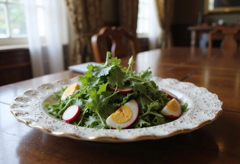 A plate of Sybil's Suffragette Salad featuring fresh greens, radishes, and boiled eggs, served on vintage china on a wooden table within a Downton Abbey-style dining room with Victorian decor and gentle natural light.