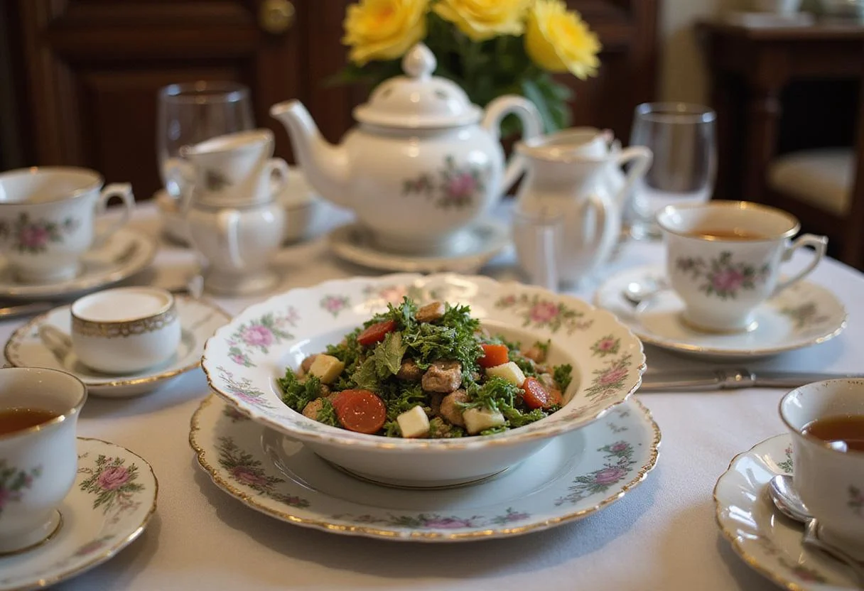 A meticulously arranged Downton Abbey Sybil's Suffragette Salad on a vintage porcelain plate, surrounded by other period-accurate tableware, evoking the sophisticated dining settings of the show. The vibrant colours of the salad are highlighted against the classic white and gold accents.