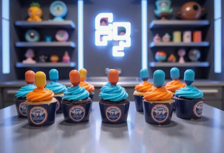 Close-up of Bulma's Capsule Corp Cupcakes displayed on a modern kitchen countertop, showcasing the vibrant blue and orange frosting with capsule-shaped toppers. The setting includes a Capsule Corp logo in the background and colorful decoration inspired by Dragon Ball Z, highlighting a fun anime-inspired dessert presentation.